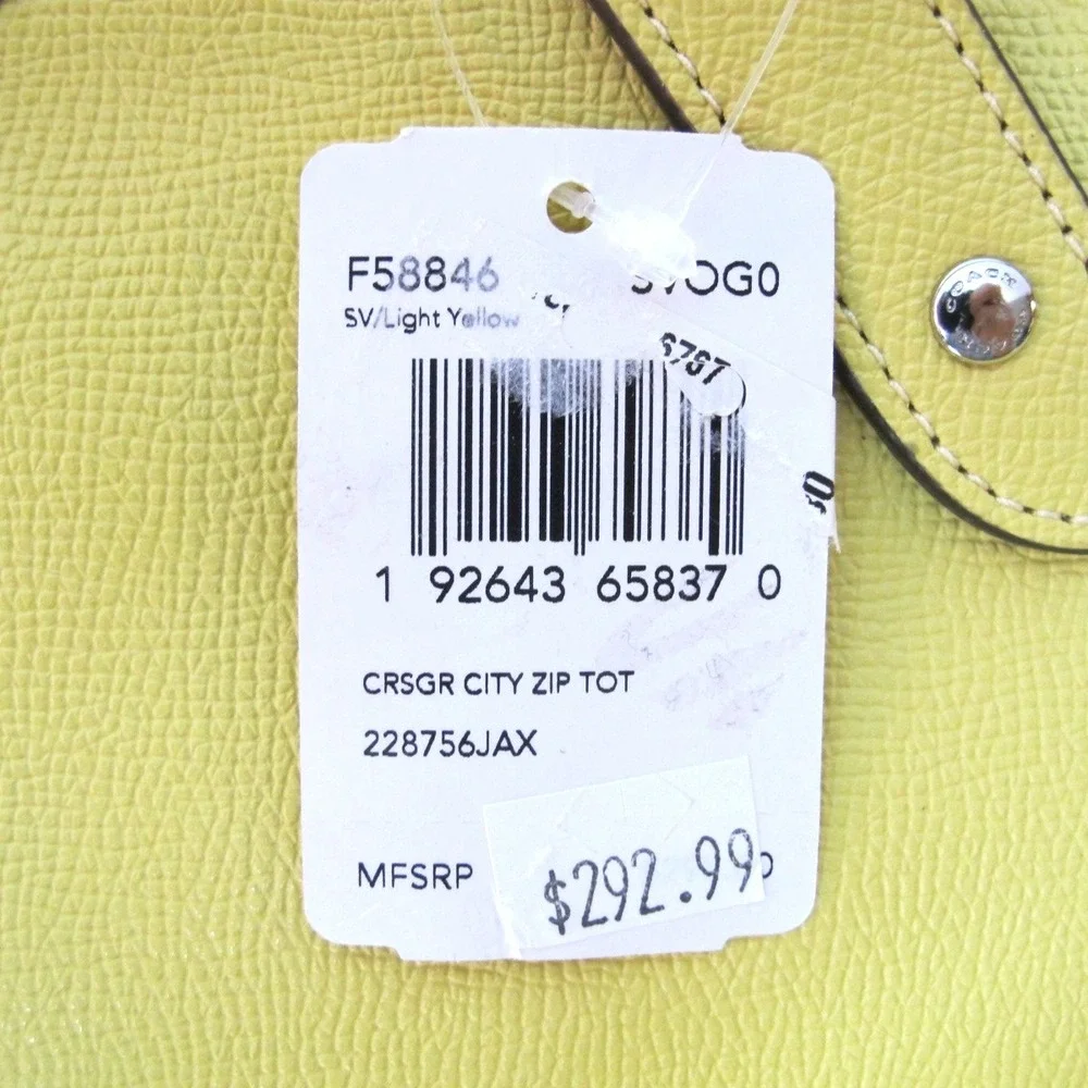 Coach Medium Cross Grain City Zip Top‎ Tote Women's Handbag Yellow F58846 NEW